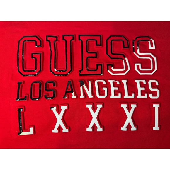 Guess Los Angeles Mens Red Graphic T-Shirt Puff Print Logo Size L M74G13K8IV0 - Picture 3 of 4
